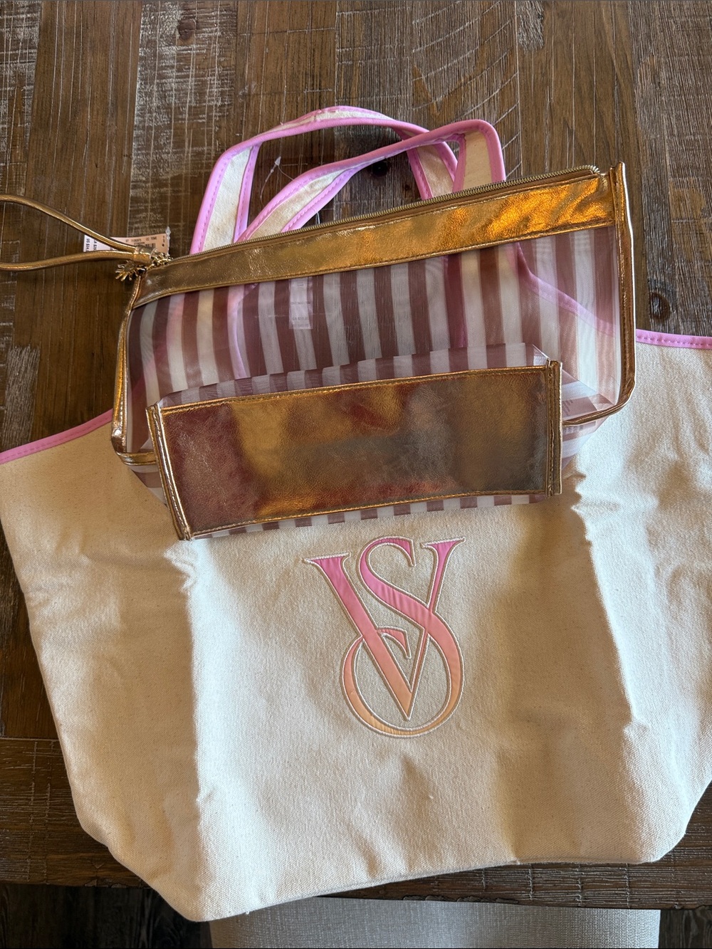 Victoria's Secret Cream Tote with Pink Trim and Bonus Cosmetic Bag! - Picture 2 of 5